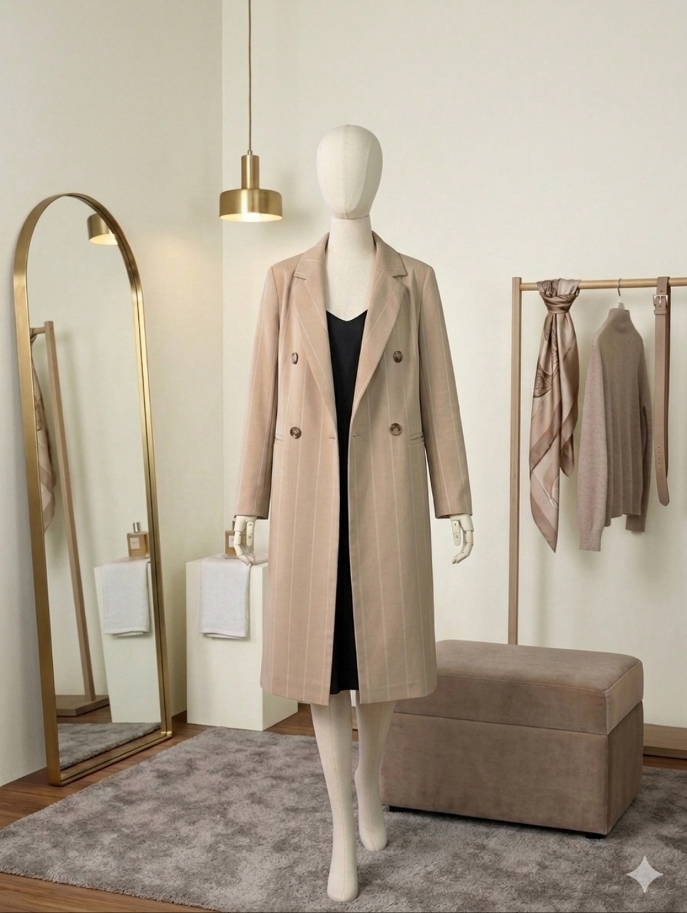 New Xl Longline Beige Pinstripe Double-Breasted Trench Coat